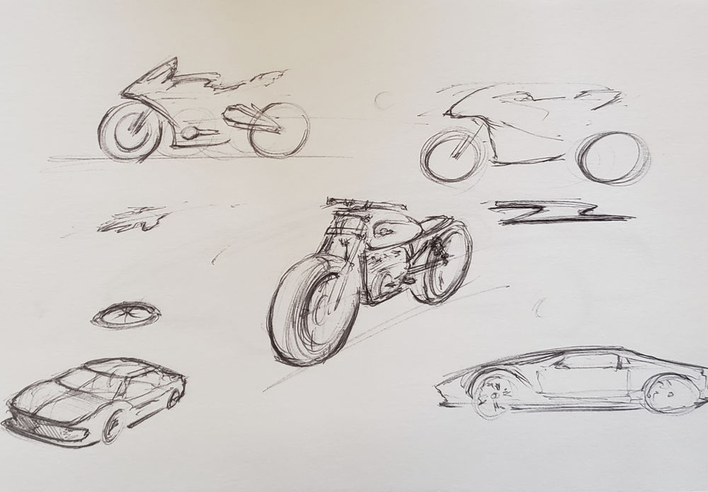 Doodle pen sketches. Two cars, three motorcycles, and some random shapes.